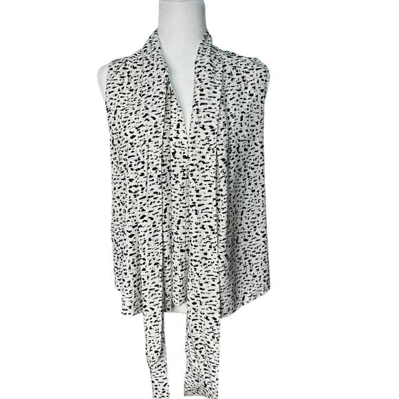 ROBERT RODRIGUEZ Womens 2 White Black Silk Brushstroke Layered Tie Neck Blouse - Picture 2 of 13